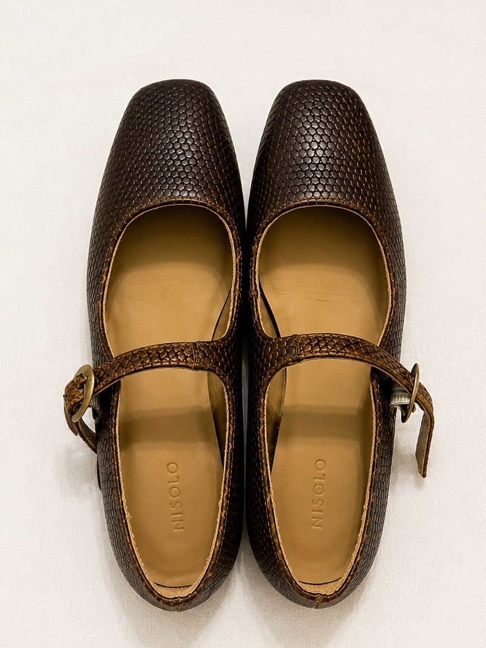 Nisolo Lola Chocolate Brown Embossed Leather Mary Jane Square Toe Flats Size 7 - Picture 2 of 5